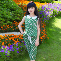 童装2014女大童夏装套装波点蕾丝T恤人造棉女