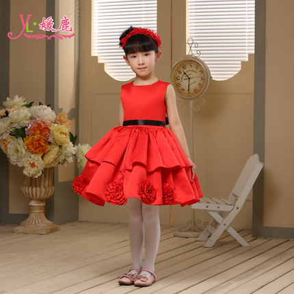 高档 红色小女孩<em>女童</em>蓬蓬裙花童婚纱礼服儿童