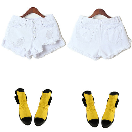 欧美复古破洞流苏<em>黑</em>白色牛仔<em>短裤女夏 高腰</em>单