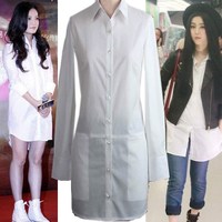 明星同款长袖全棉长款白色衬衫裙 清新女款秋