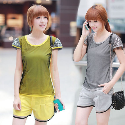 2013夏装新款女装显瘦<em>网纱</em>拼接短袖<em>短裤运动</em>