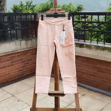 装新款弹力烫钻粉色蕾丝边烫钻七分裤修身<em>马裤版型</em>