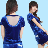 欧洲站新款薄<em>金丝绒</em>天鹅绒短袖<em>短裤</em>运动<em>套装</em>女