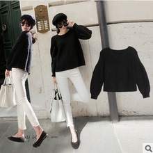 椒新款 3月17 黑色灯笼袖套头宽松短款 <em>毛衣</em> 春