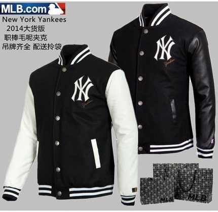 MLB棒球服原单<em>毛呢外套</em>PU<em>水洗</em>皮袖NY棒球衫