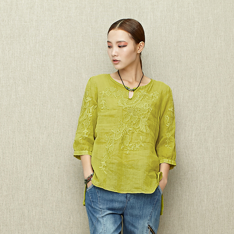 如也 2014夏装新款棉麻女装文艺范绣花衬衣七