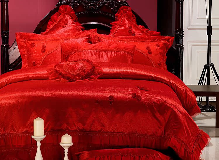 床盖式 加棉绗缝床单 床上用品婚庆9件套 贡缎