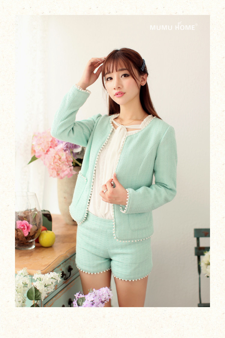【<em>木木家</em>.秋甜美钉珠<em>毛呢短裤</em> 名媛小香风气质