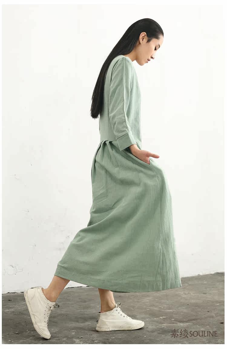 素缕Souline<em>女装</em>专场<em>浅绿</em>优雅中长款连衣裙-唯