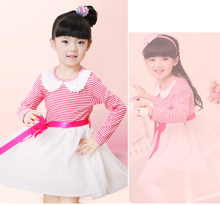 Baoyeah Jingle baby clothes girls Mitch 2013 spring new children's stitch long sleeve embroidery round neck stripes dress