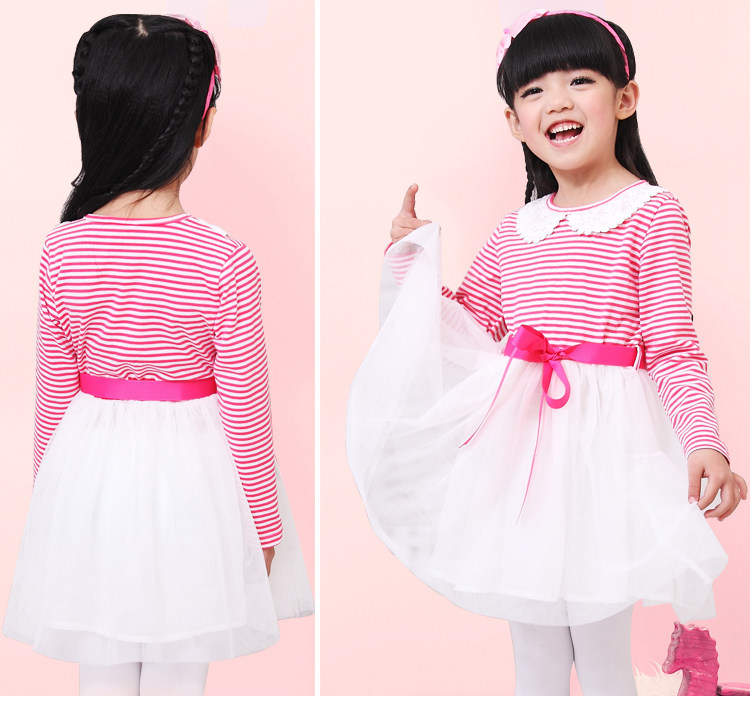 Baoyeah Jingle baby clothes girls Mitch 2013 spring new children's stitch long sleeve embroidery round neck stripes dress