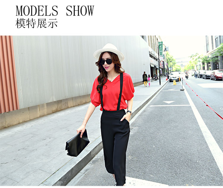 Mssefn2015夏装新款韩版女装泡泡袖上衣 背带裤两件套装816