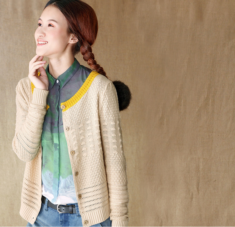 <em>茵曼</em>2014春装新款纯棉撞色长袖<em>针织开衫</em>【84