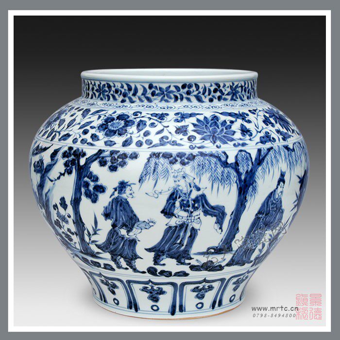 元青花陶瓷 高仿陶瓷 精品高档仿古瓷 仿元青花三顾茅庐图罐