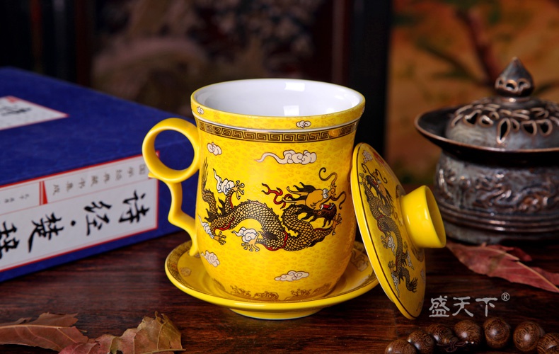 【多图】盛天下旗舰店官网直销,龙杯 景德镇陶瓷茶杯骨瓷泡茶杯 四件套杯带盖过滤陶瓷杯子老板杯,茶杯_PCnow小熊东北