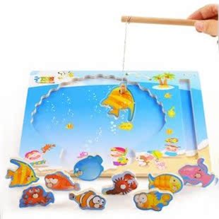 儿童磁性钓鱼玩具木制小猫双杆钓鱼拼图益智过