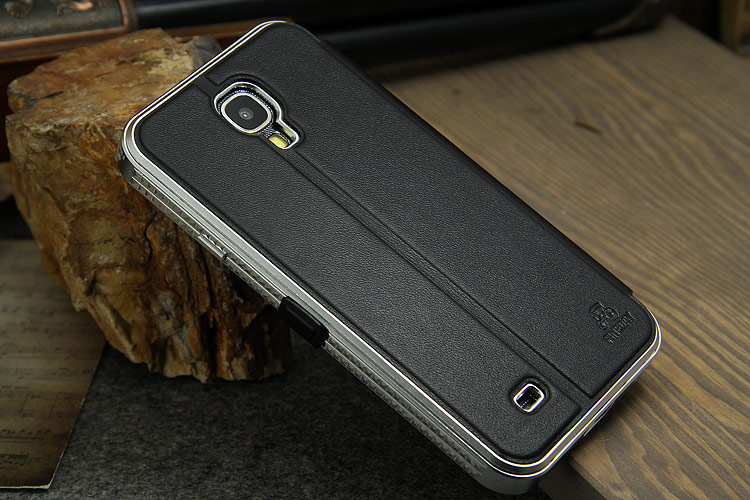 iMatch Luxury Aluminum Metal Bumper Premium Genuine Leather Flip Magnetic Case Cover for Samsung Galaxy S4