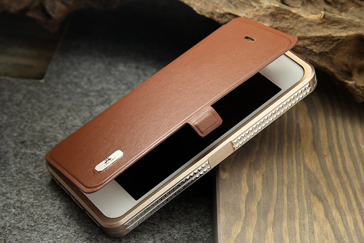 iMatch Luxury Aluminum Metal Bumper Premium Genuine Leather Flip Magnetic Case Cover for Apple iPhone SE/5S/5