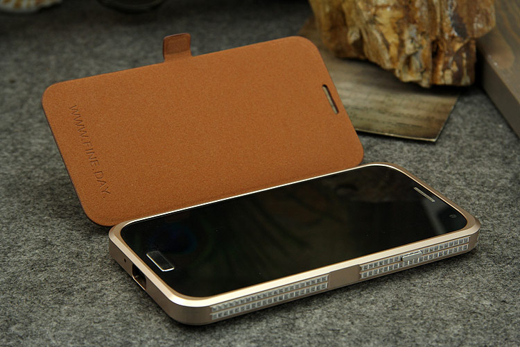 iMatch Luxury Aluminum Metal Bumper Premium Genuine Leather Flip Magnetic Case Cover for Samsung Galaxy S4