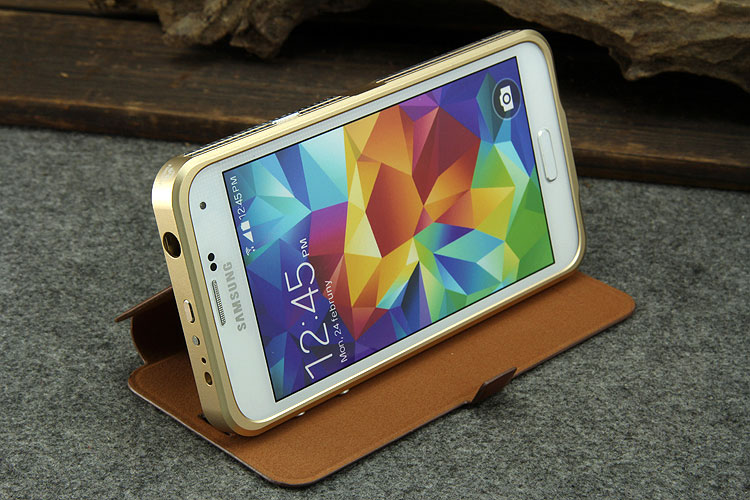 iMatch Luxury Aluminum Metal Bumper Premium Genuine Leather Flip Magnetic Case Cover for Samsung Galaxy S5