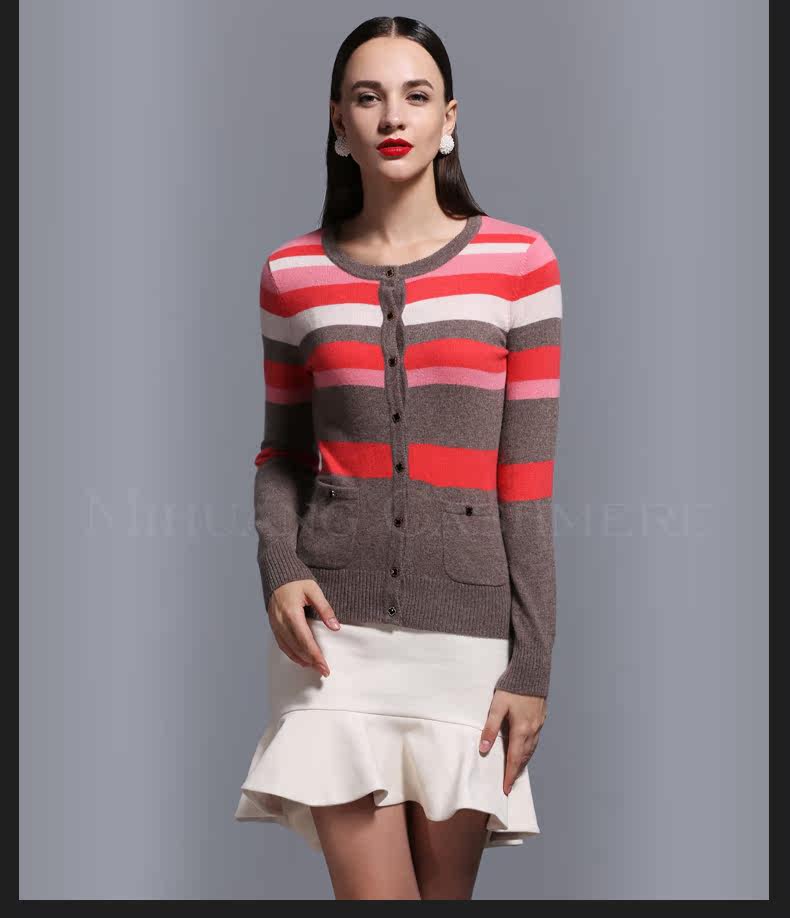 <em>米皇</em> 女式<em>羊绒开衫</em>秋 经典条纹圆领长袖纯<em>羊绒</em>