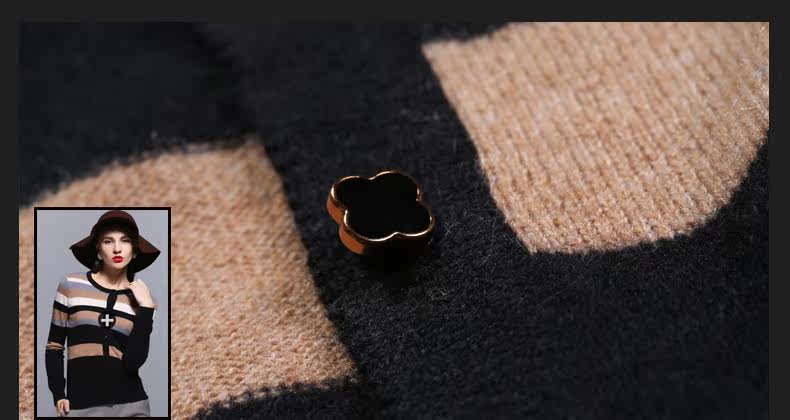 <em>米皇</em> 女式<em>羊绒开衫</em>秋 经典条纹圆领长袖纯<em>羊绒</em>