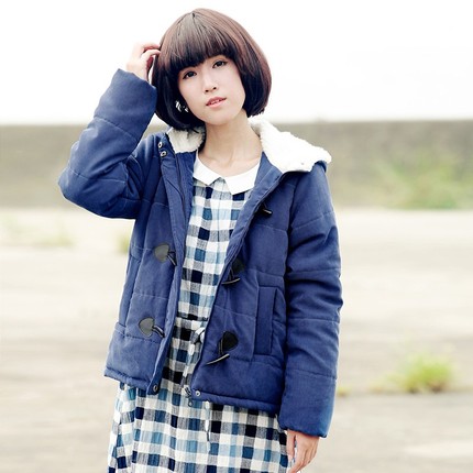 OPT2014冬装新款棉衣服 文艺范小清新连帽羊毛牛角扣女短棉袄Y506