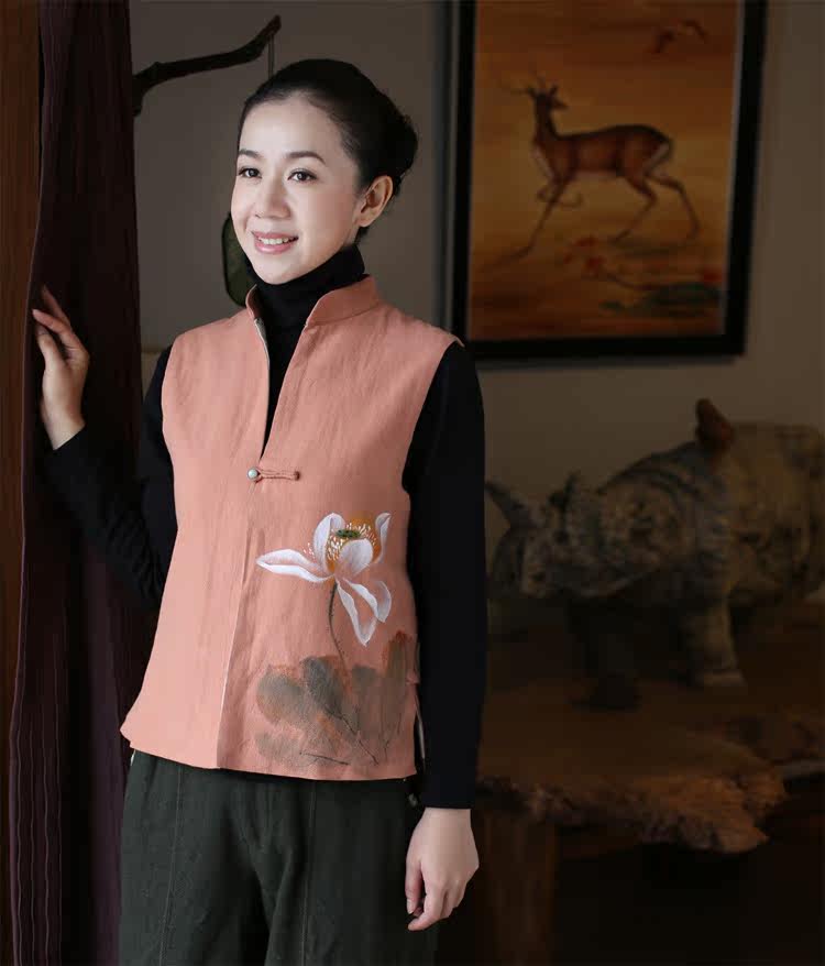 佛笑缘之为我放晴容 中式纯麻<em>马夹</em> 绿玉扣 <em>手绘</em>