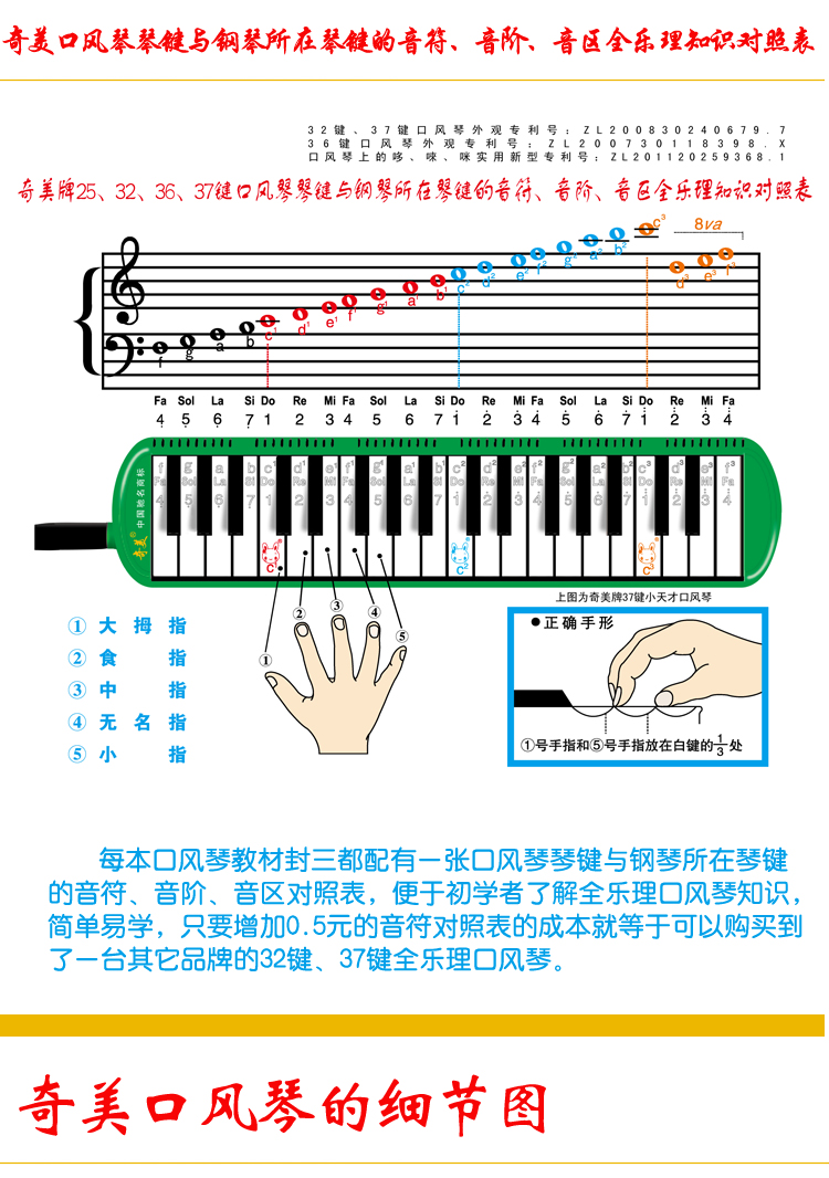 奇美乐器37键小天才口风琴 学生儿童课堂教学专用口风琴 配手提包图片