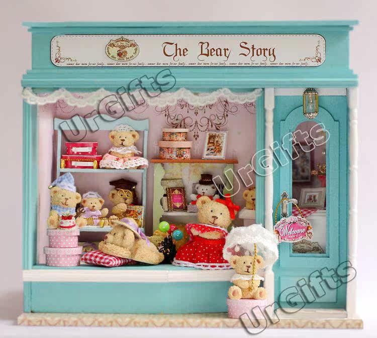Dollhouse Miniature DIY Kit w/ Light Baby Teddy Bear House Store Shop