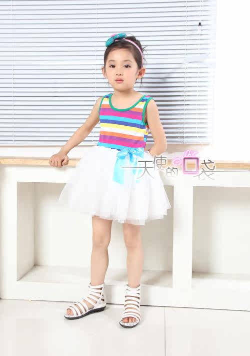 Baoyeah Kids Rainbow 2012 new style summer girls dress performed a dress vest skirt suit striped vest dress