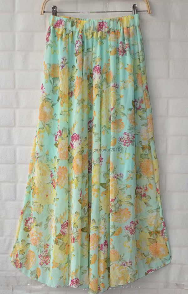 Women Chiffon Floral Print Pleated Retro Maxi Long Skirt Elastic Waistband Dress Ebay 