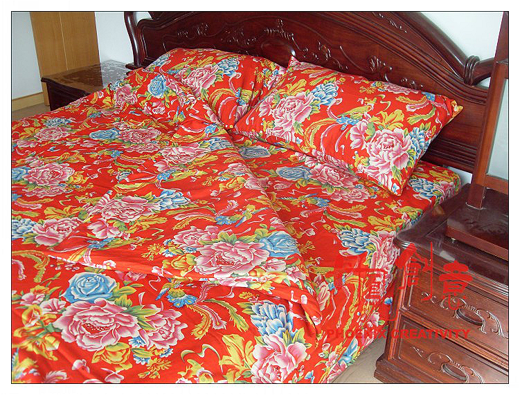 上海东北大花布四件套 床品套件床上用品全棉被套 凤凰牡丹红绿两面