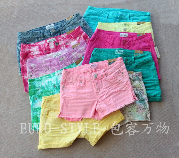 Женские брюки 特aeropostale 小ae扎染染色磨破糖果荧光色毛边卷边牛仔短裤热裤 Шорты, мини-шорты Городской стиль Женские брюки 特aeropostale 小ae扎染染色磨破糖果荧光色毛边卷边牛仔短裤热裤 Шорты, мини-шорты Городской стиль
