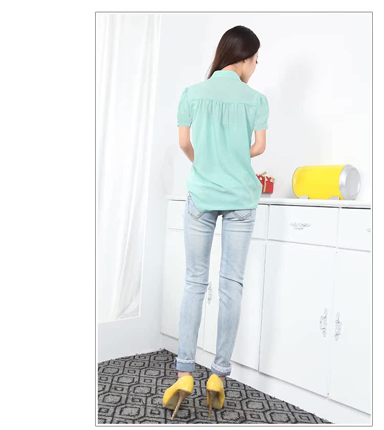 2013 summer wear Women Short sleeve shirt Korean version easy Chiffon shirt Big size shirt puff sleeve stand collar new pattern commute