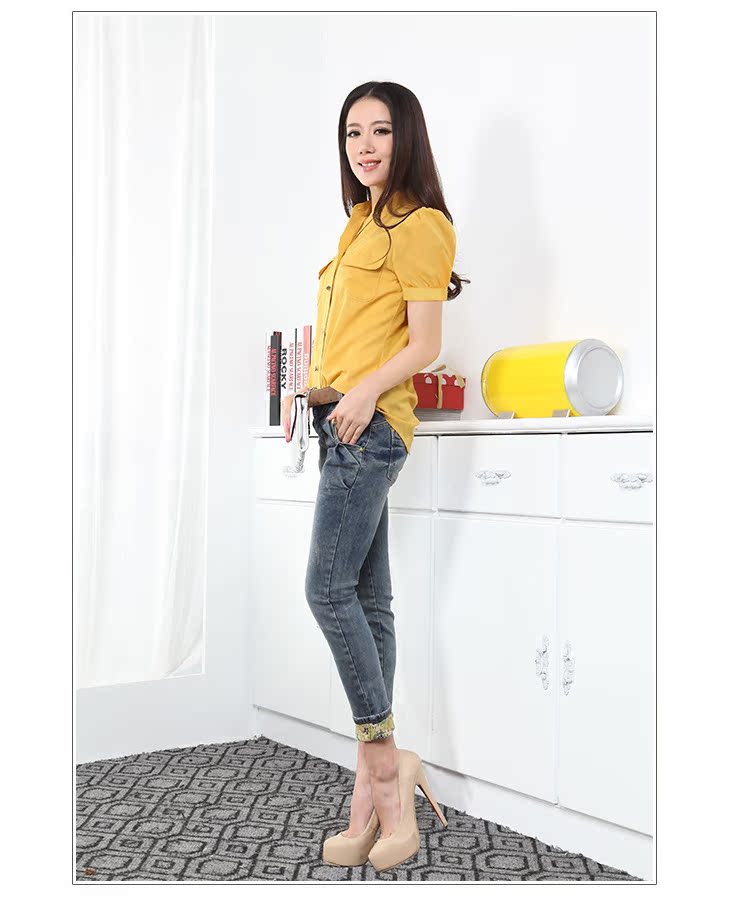 2013 summer wear Women Short sleeve shirt Korean version easy Chiffon shirt Big size shirt puff sleeve stand collar new pattern commute