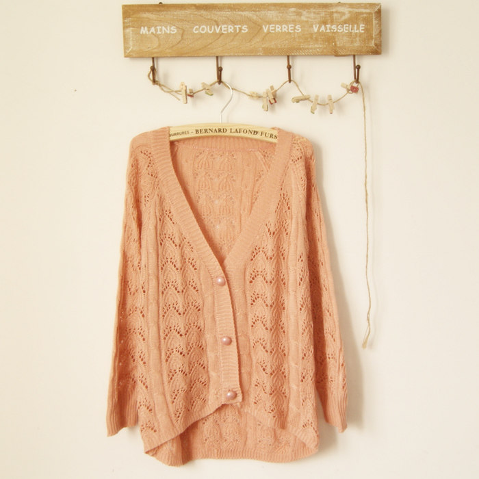 12<em>春秋薄</em>钩花镂空宽松蝙蝠<em>7分袖</em>甜美<em>针织开衫</em>