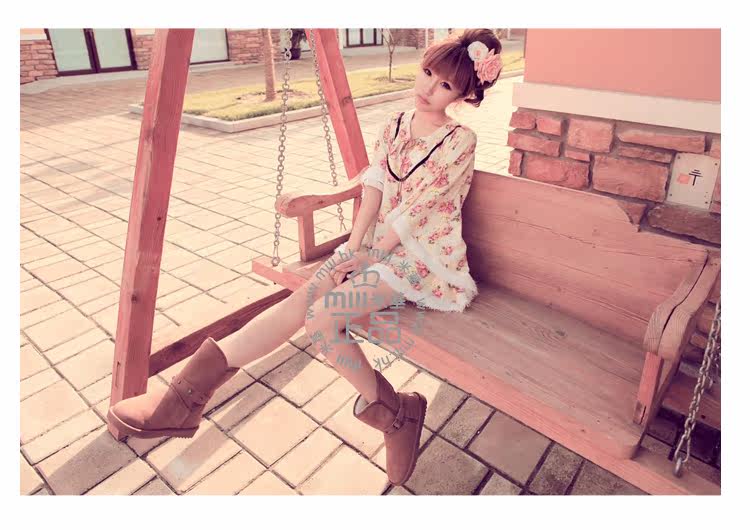 MIJI New leather snow boots female rivet metal belt buckle in boots sub