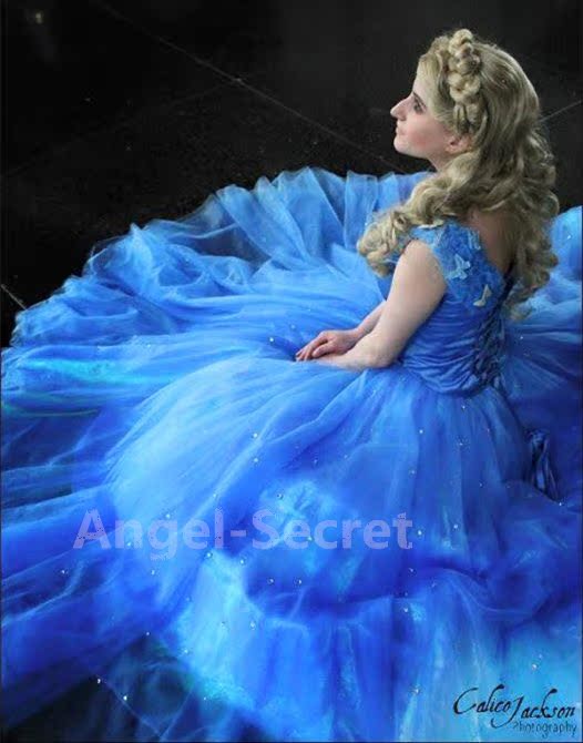 P343 Movies Cosplay Costume Cinderella 2015 Ella blue dress gradient  iridescent