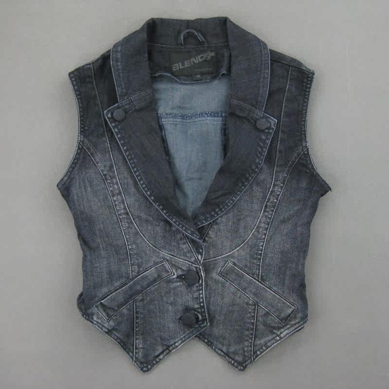 新款包邮 外贸原单 <em>女</em>牛仔<em>马甲面料</em>略厚深蓝色