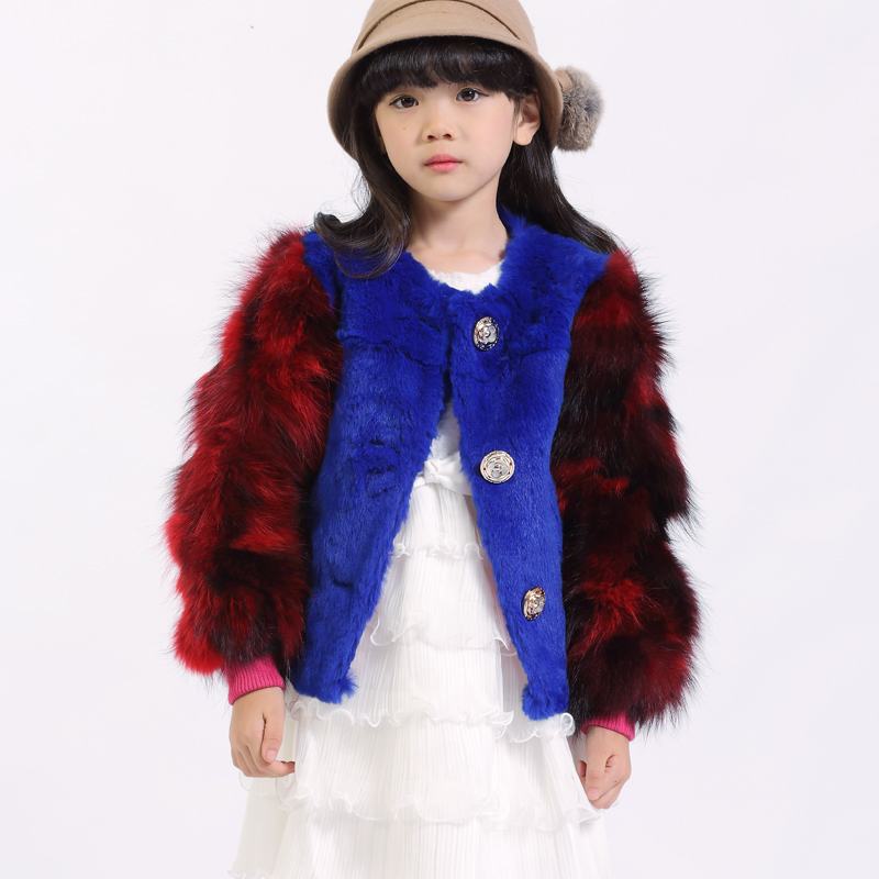 冬季新款韩版童装皮草 獭兔毛儿童圆领外套皮草圆领外套 貉子毛袖子大衣