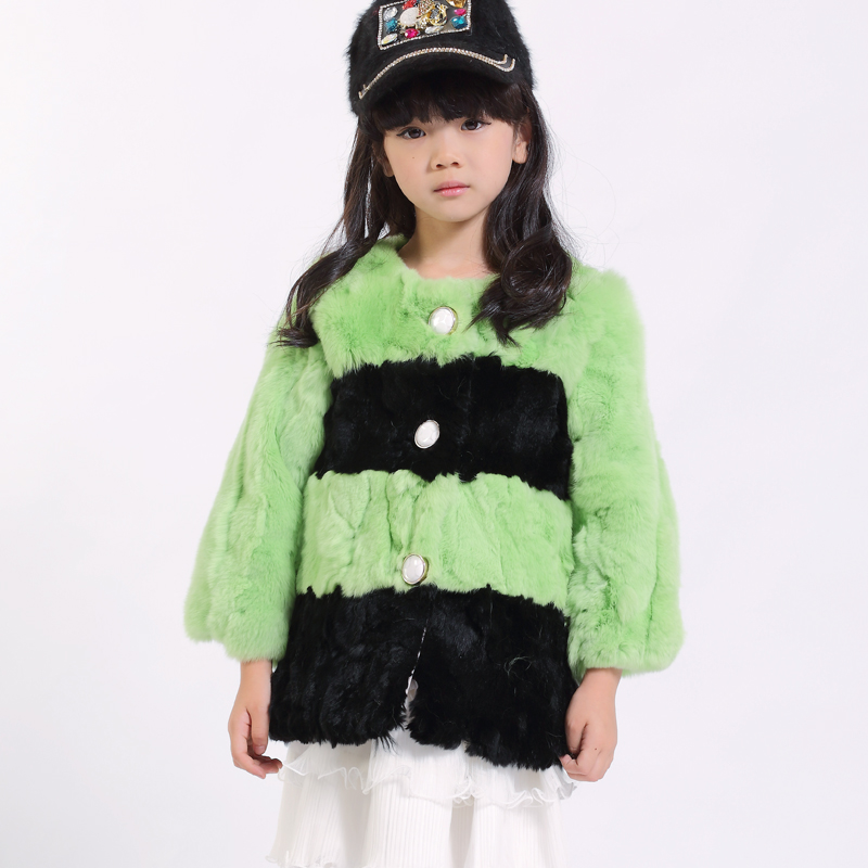 冬季新款童装皮草 韩版可爱儿童条纹拼色 獭兔毛女童皮草大衣外套