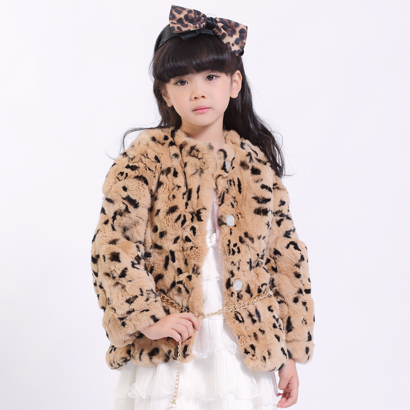 冬季新款韩版童装皮草 潮个性豹纹女童明星同款 獭兔毛皮草外套大衣