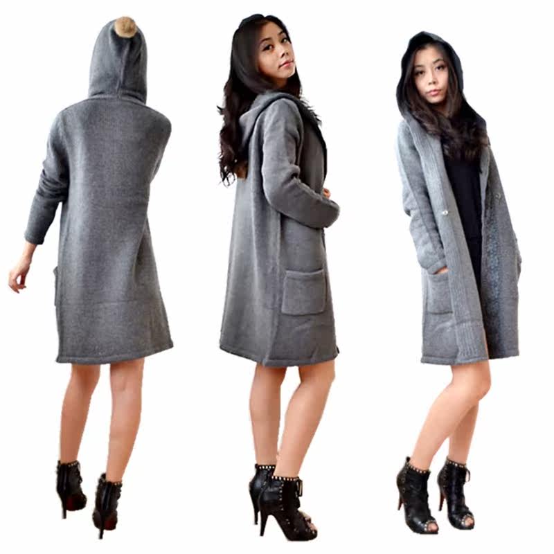 新款秋<em>冬装</em> <em>女式加长</em>版毛衣 带帽毛线开衫 针织