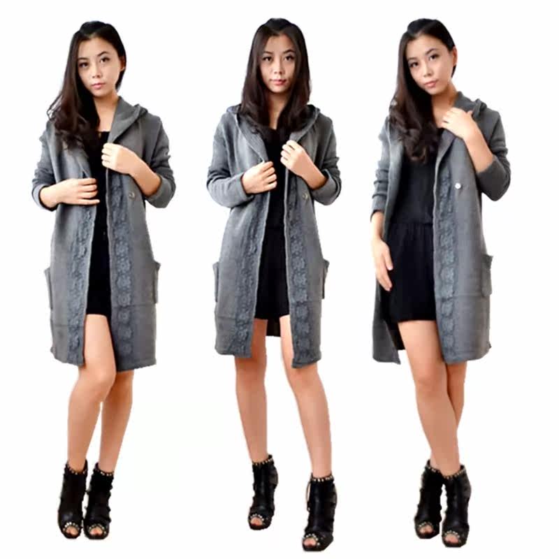 新款秋<em>冬装</em> <em>女式加长</em>版毛衣 带帽毛线开衫 针织