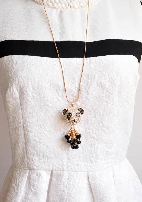 【复古满钻<em>小熊猫毛衣</em>链金属麦穗流苏项链镀金