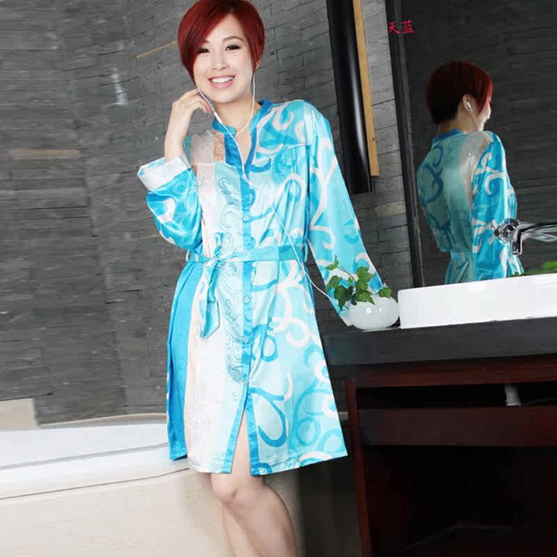 夏季女士宽松真丝衬衫<em>睡袍</em>长袖款式<em>系腰带</em>性感