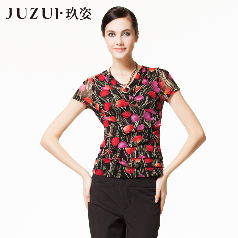 玖姿juzui专柜正品2013女装初夏款经典花色短袖针织衫jttx80314